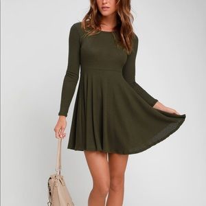 olive green ribbed knit long sleeve skater dress